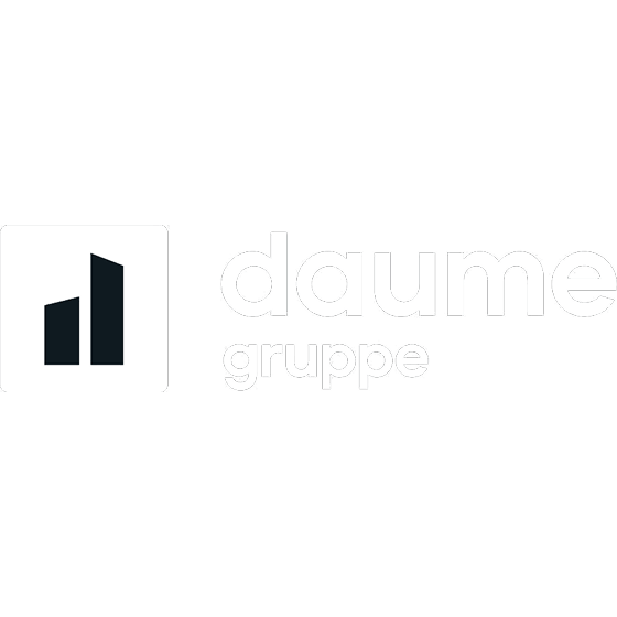 Weißes Logo der Daume Gruppe mit zwei stilisierten Balken auf dunklem Hintergrund